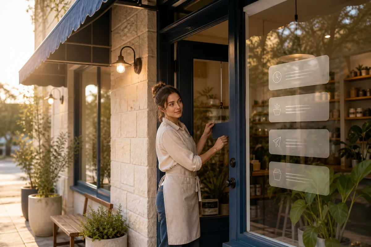 A welcoming local storefront with subtle profile information panels in warm morning light