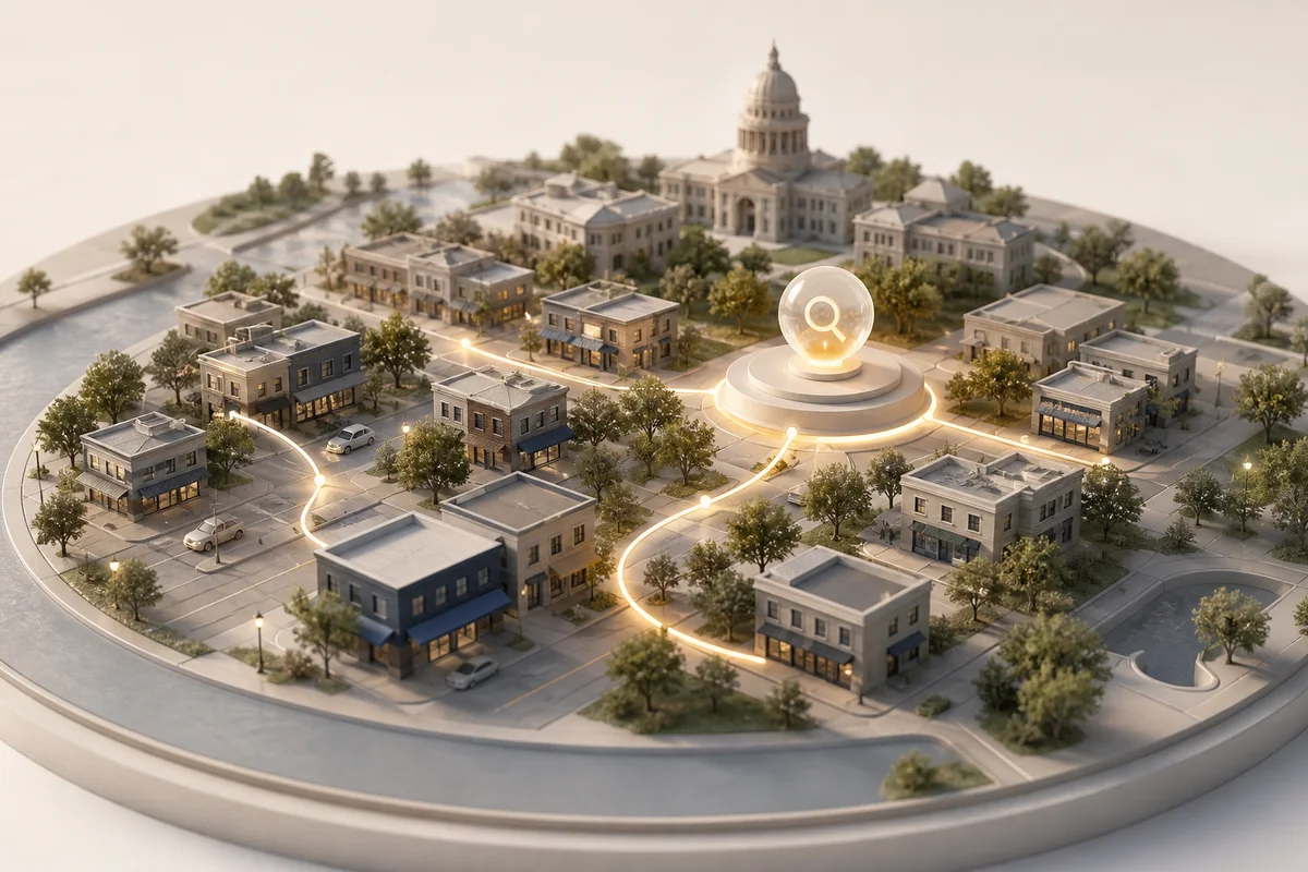 A refined miniature Central Texas town connected by a subtle illuminated local search path