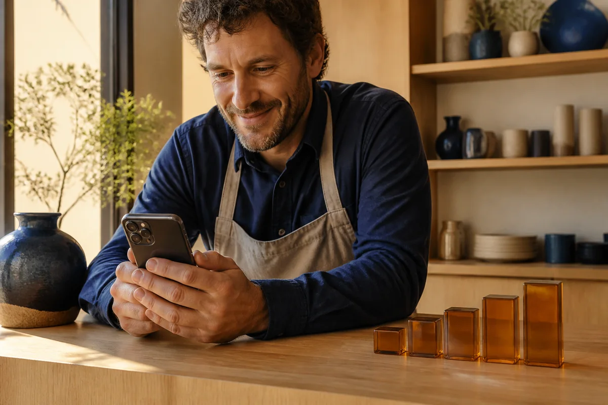 A local business owner reading customer feedback beside a refined ascending trust motif