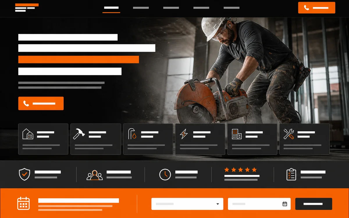 Bold Builder website style preview with action photography, high contrast, and immediate booking paths