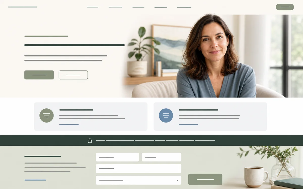 Calm and Human website style preview with gentle imagery, reassuring services, and private booking cues
