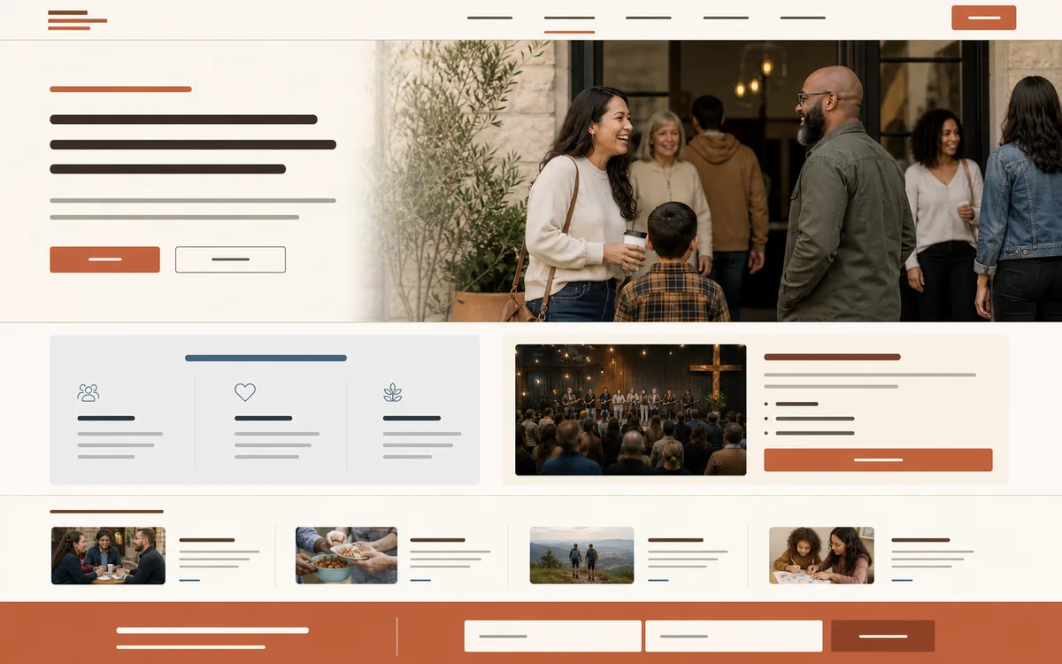 Warm Welcome website style preview with community photography and simple first-visit information