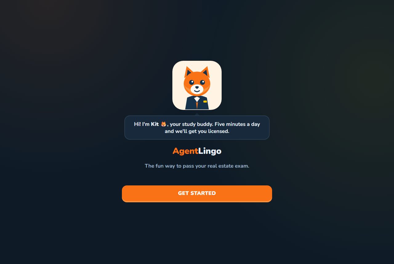 AgentLingo real estate exam prep app welcome screen with Kit the fox mascot