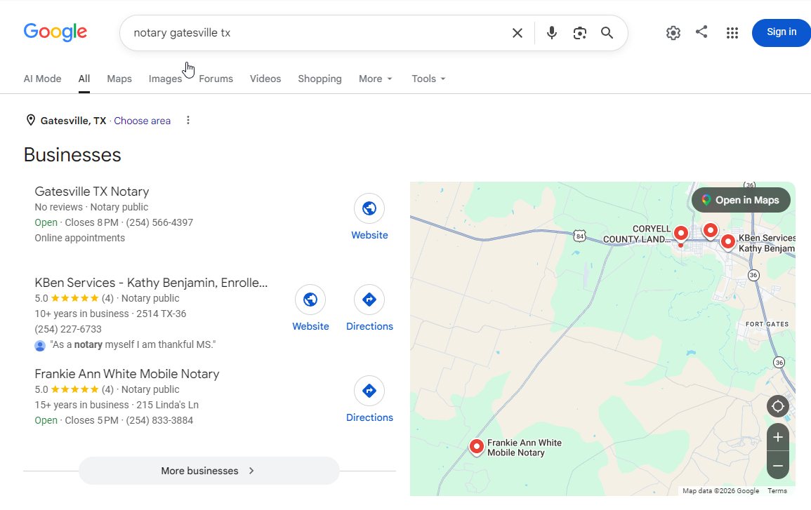 Live Google results for notary gatesville tx on July 16, 2026: Gatesville TX Notary ranks number 1 with no reviews, above two 5.0-rated notaries with 10 to 15 plus years in business.