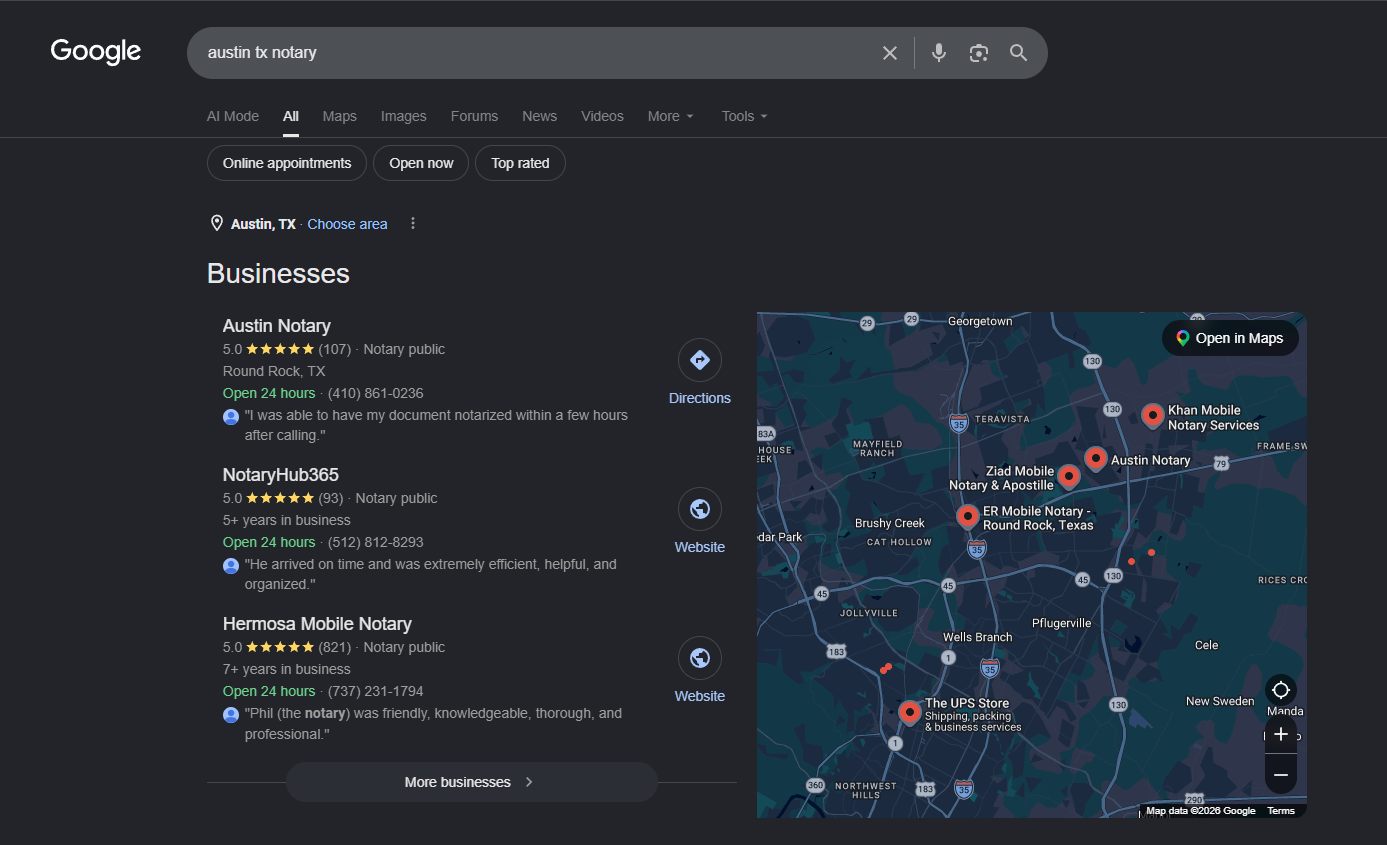 Live Google results for austin tx notary on July 29, 2026: NotaryHub365 ranks second in the local pack with 93 five-star reviews, ahead of an 821-review competitor.