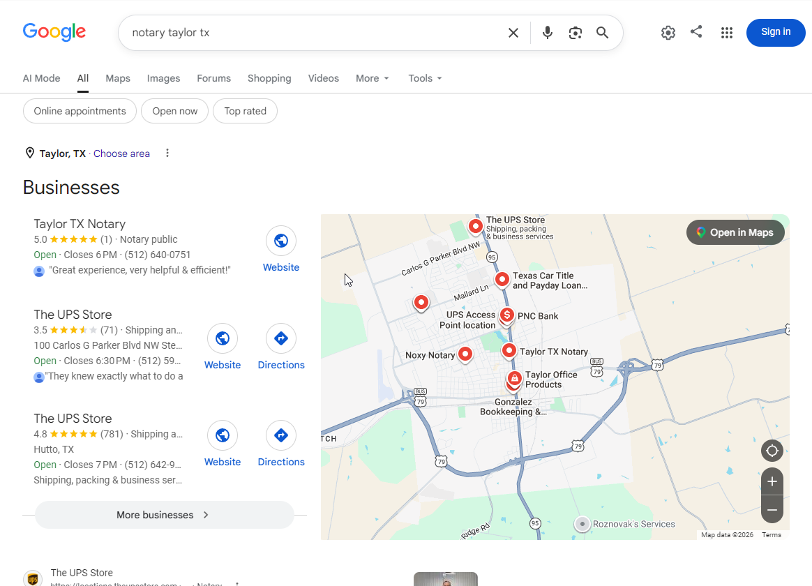 Live Google results for notary taylor tx on July 16, 2026: Taylor TX Notary ranks number 1 with a 5.0 rating and one review, above two UPS Store counters.