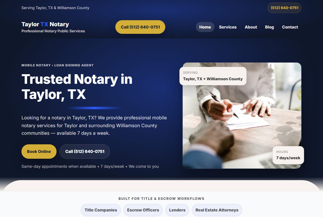 Taylor TX Notary website homepage